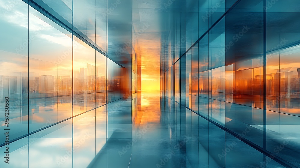 Empty office corridor with large windows overlooking a city skyline with a sunset. Empty office corridor with large windows overlooking a city skyline with a sunset.