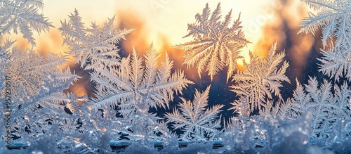 Glistening patterns of frost displayed on a window in a winter setting.