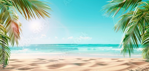 Beach landscape with sunlight. Sunshine coastline with sand on tropical shore. Resort vacation banner with ocean water. Travel summer background with palm. Tropic sea coast