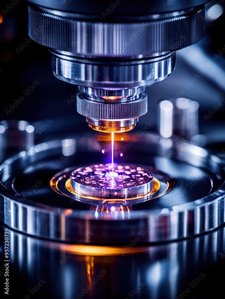 Close-up of a high-precision microscope capturing intricate details with a purple laser beam highlighting scientific exploration. Close-up of a high-precision microscope capturing intricate details with a purple laser beam highlighting scientific exploration.
