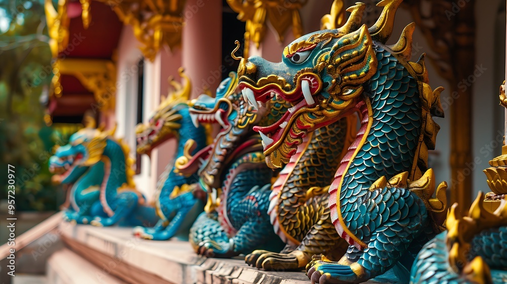 The colorful statues of dragons defending wat ban den entryway The colorful statues of dragons defending wat ban den entryway