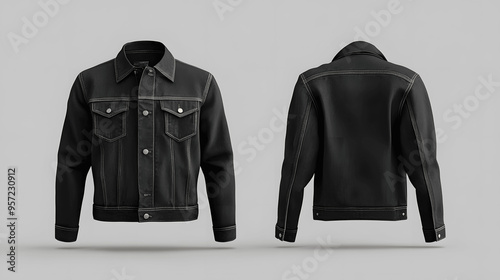 Black denim jacket mockup, front and back view, isolated photo