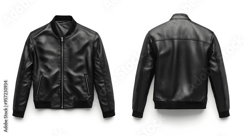 Black leather jacket mockup, front and back view, isolated on white