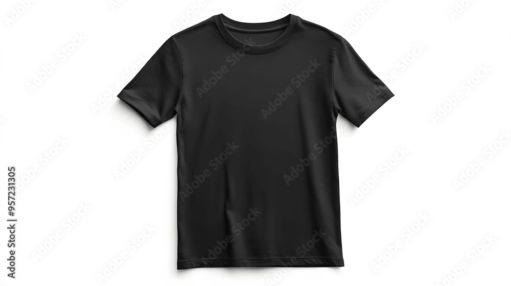 Black t-shirt mockup, front view, slightly wrinkled, isolated on white Black t-shirt mockup, front view, slightly wrinkled, isolated on white