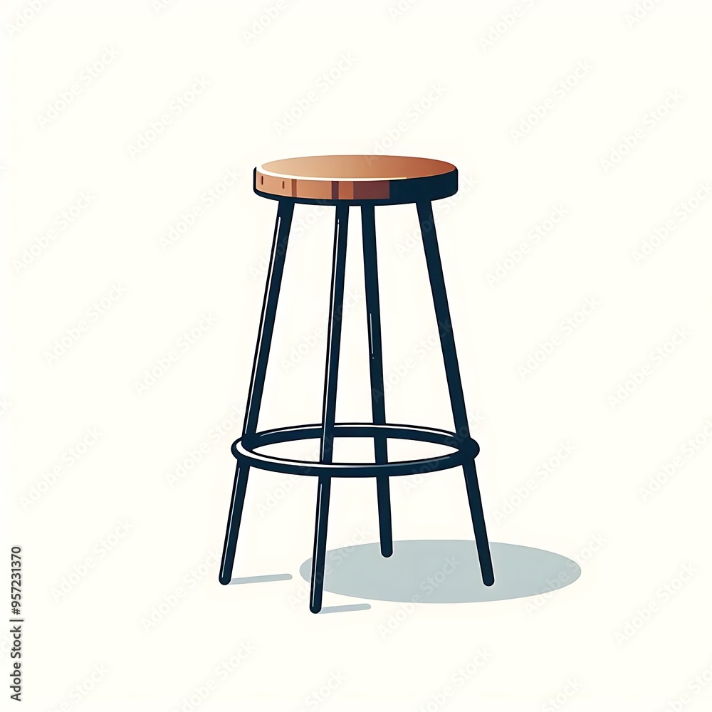 A flat illustration vector image of a tall bar stool with a simple round seat and metal legs, placed on a solid white background. A flat illustration vector image of a tall bar stool with a simple round seat and metal legs, placed on a solid white background.