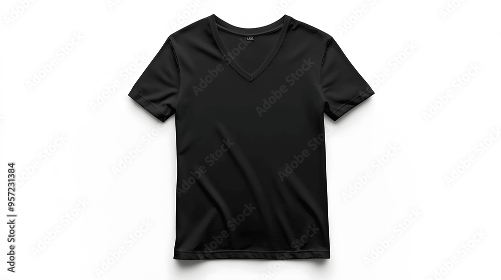 Black v-neck t-shirt mockup, flat lay, front view, isolated on white Black v-neck t-shirt mockup, flat lay, front view, isolated on white