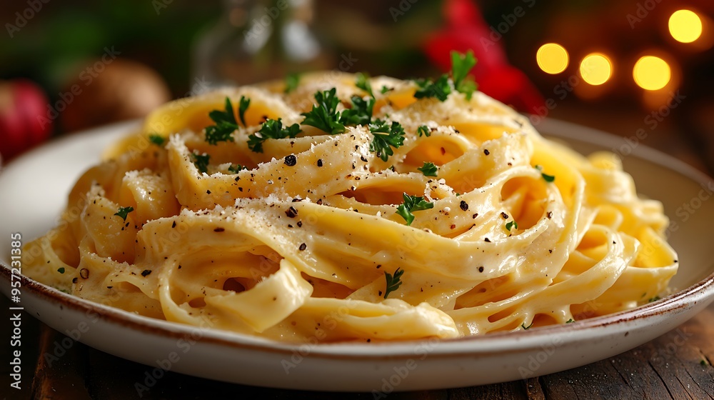 A close-up shot of Fettuccine Alfredo with rich, creamy sauce, garnished with parsley, served on a white dish, with a blurred vase of flowers softly glowing in the background, warm, A close-up shot of Fettuccine Alfredo with rich, creamy sauce, garnished with parsley, served on a white dish, with a blurred vase of flowers softly glowing in the background, warm,