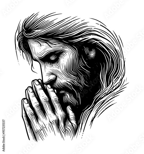  line art sketch drawing- jesus christ praying (artwork 4)