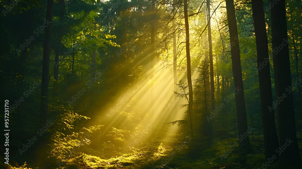 Fototapeta premium Amazing scenic landscape at early morning in forest. Dazzling bright sunlight through tree branches silhouettes. Rich fall foliage glitter in sunbeams. Wonderful sunrise. Lovely sunset scenery.