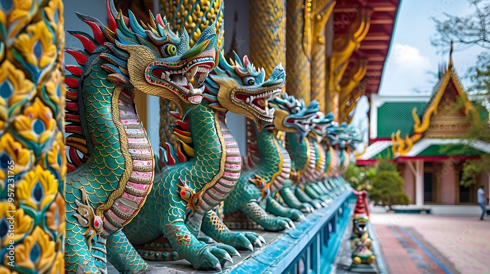 Fototapeta premium The colorful statues of dragons defending wat ban den entryway