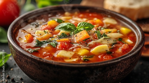 A close-up shot of hearty Minestrone Soup with vibrant fresh vegetables, served in a rustic bowl, with a blurred kitchen countertop softly glowing in the background,