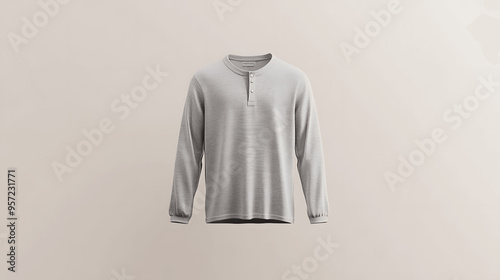 Grey long sleeve henley shirt mockup, front view, isolated photo