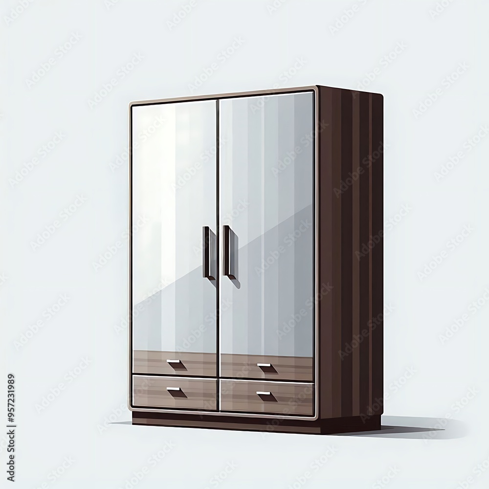 A flat illustration vector image of a sleek, two-door wardrobe with a minimalist design and metal handles, placed on a solid white background. A flat illustration vector image of a sleek, two-door wardrobe with a minimalist design and metal handles, placed on a solid white background.