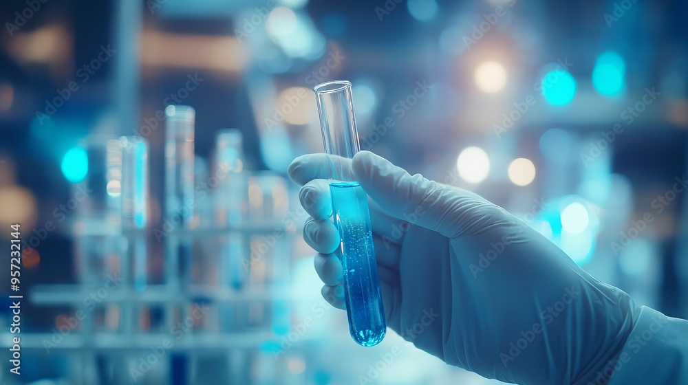 Fototapeta premium Scientist Holding Test Tube with Blue Liquid 
