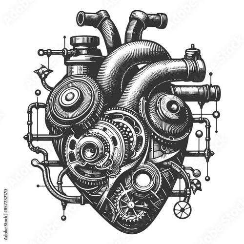 Steampunk heart composed of gears, pipes, mechanical components, human anatomy with industrial design sketch engraving generative ai vector illustration. Scratch board imitation. Black and white image