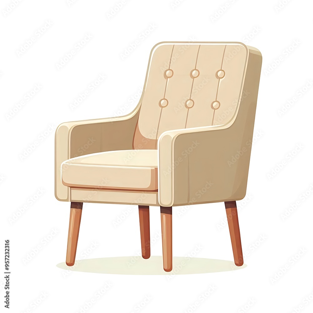 A flat illustration vector image of a simple home chair with a cushioned seat, straight backrest, and wooden legs, placed on a solid white background. A flat illustration vector image of a simple home chair with a cushioned seat, straight backrest, and wooden legs, placed on a solid white background.