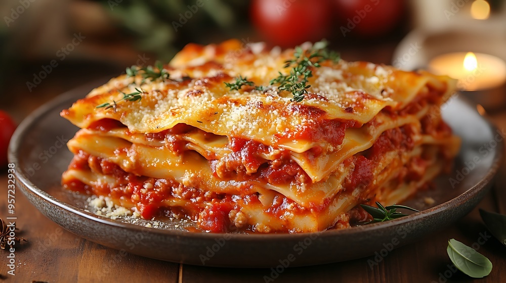 A plate of lasagna with rich, bubbling cheese, placed on a ceramic dish, with a blurred candlelight softly illuminating the background, creating a warm and intimate dining atmosphere. A plate of lasagna with rich, bubbling cheese, placed on a ceramic dish, with a blurred candlelight softly illuminating the background, creating a warm and intimate dining atmosphere.