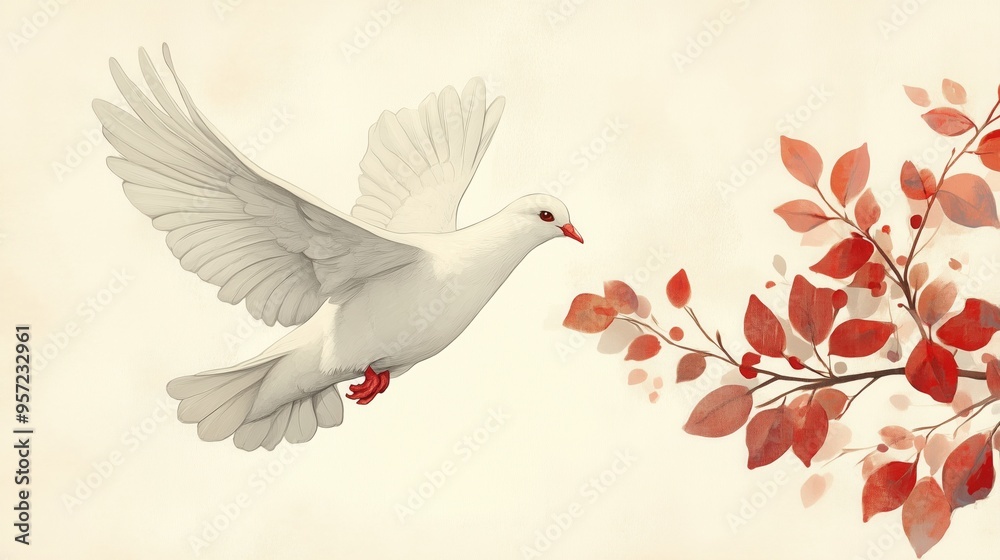 Obraz premium A white dove soars through the air, approaching a branch adorned with autumn leaves