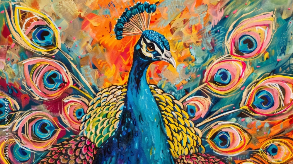 Fototapeta premium Majestic peacock displaying its vibrant feathers