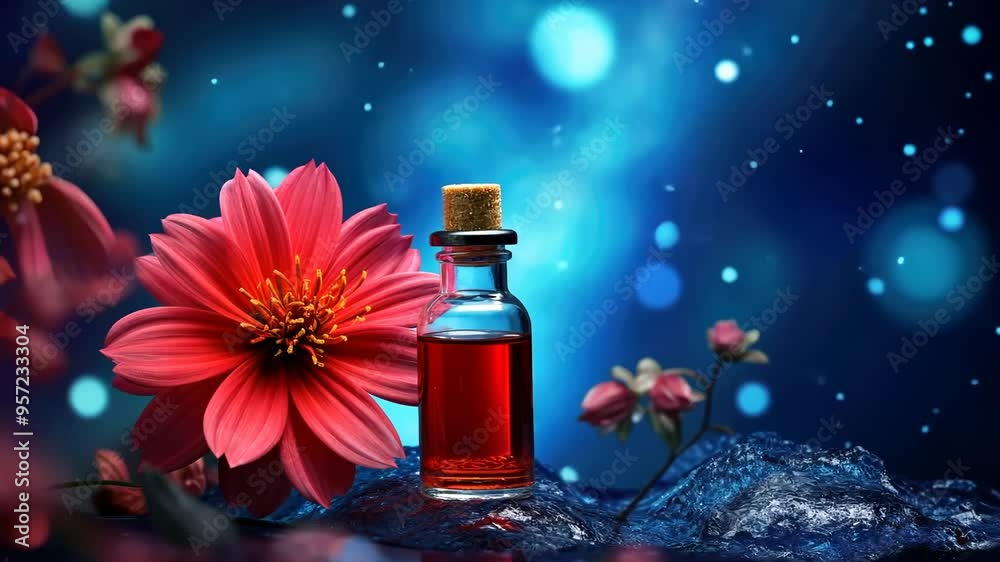 Bottle of moisturizing serum or aromatic oil standing on gradient blue background with red flower. Skincare product, natural cosmetic for Spa and massage. Beauty concept for face and body care Bottle of moisturizing serum or aromatic oil standing on gradient blue background with red flower. Skincare product, natural cosmetic for Spa and massage. Beauty concept for face and body care