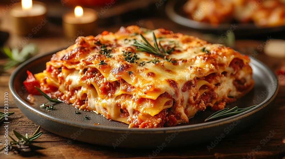 A side view of lasagna with bubbling cheese, steam rising from the plate, placed on a ceramic dish with a blurred candlelight in the background, highlighting the warmth and comfort of the meal. A side view of lasagna with bubbling cheese, steam rising from the plate, placed on a ceramic dish with a blurred candlelight in the background, highlighting the warmth and comfort of the meal.