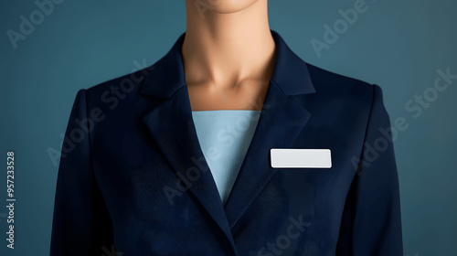 Navy blue flight attendant uniform mockup jacket with name badge photo