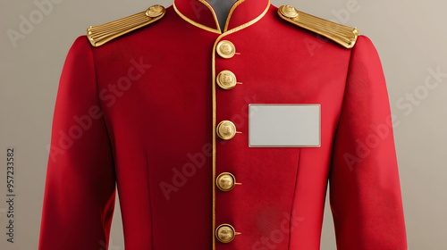 Red hotel bellhop uniform mockup with gold buttons and name badge photo