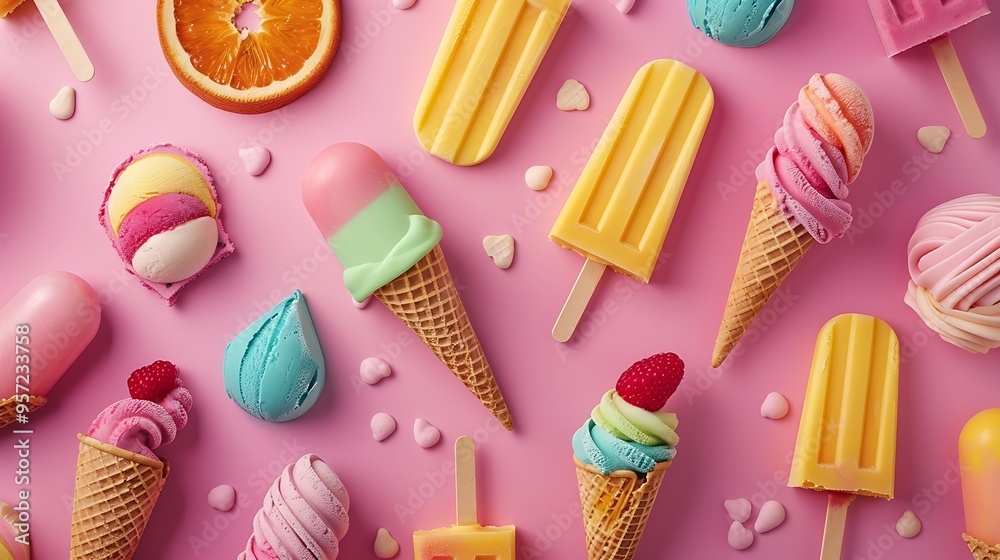 The design features vibrant popsicles and ice cream cones set against a soft pink backdrop The design features vibrant popsicles and ice cream cones set against a soft pink backdrop