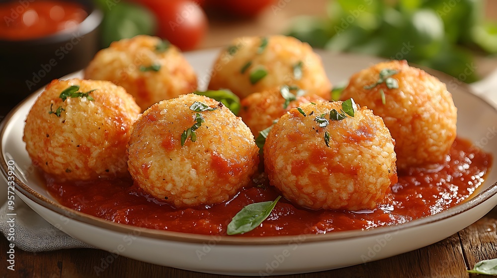 A top-down view of arancini with marinara sauce, elegantly arranged on a white plate, with a blurred Italian street view in the background, creating a warm, inviting dining experience. A top-down view of arancini with marinara sauce, elegantly arranged on a white plate, with a blurred Italian street view in the background, creating a warm, inviting dining experience.