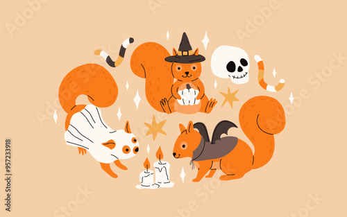 Cute squirrel in halloween costumes. Cartoon squirrel for autumn season, ghost, vampire and witch hat, skull, star and candles. Flat vector collection.