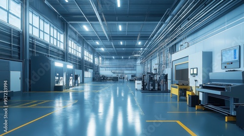 Vast and Modern Industrial Factory Interior with Bright Lighting