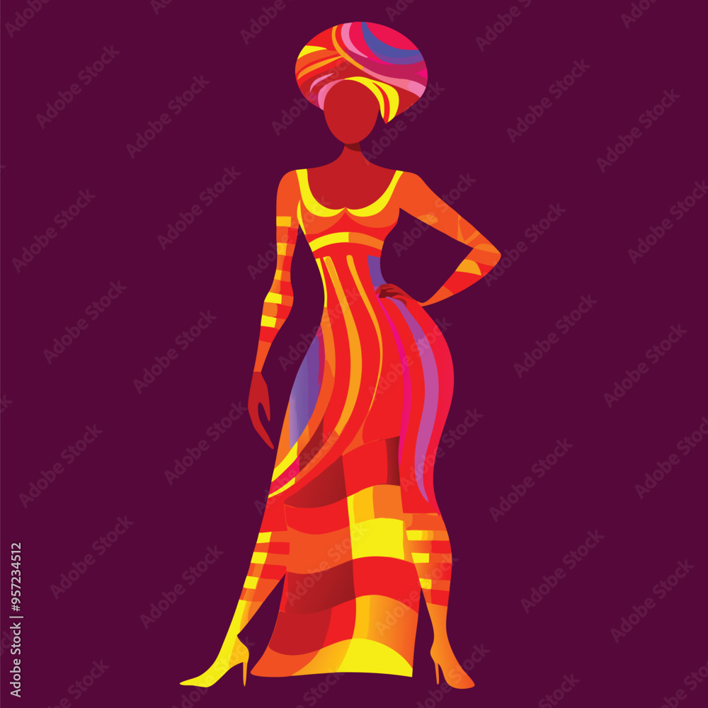 Fototapeta premium Empowered Black Woman in Colorful Outfit, Confident Cartoon Character Illustration