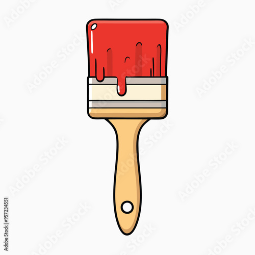 Realistic vector illustration of a paintbrush with red paint drips and wooden handle.