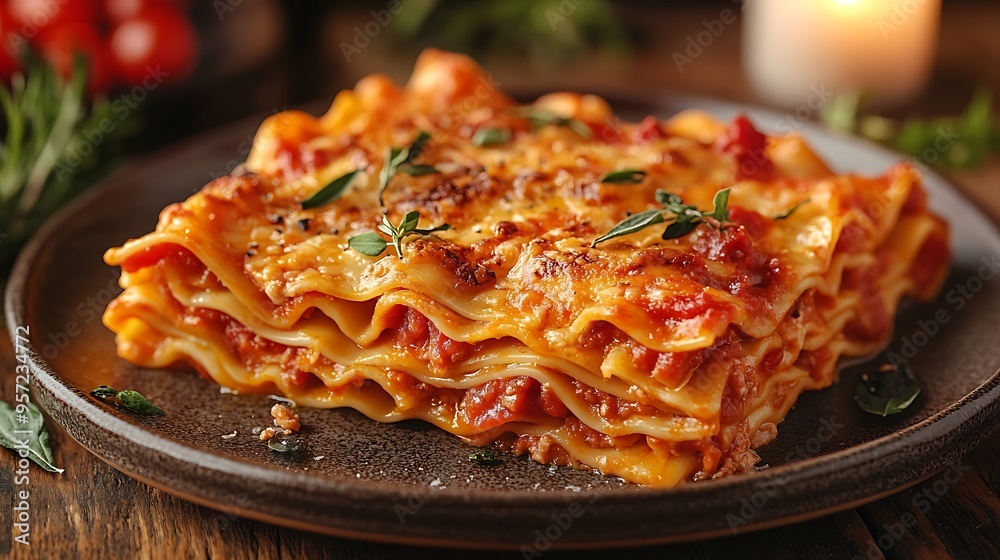 A top-down view of lasagna with crispy, bubbling cheese, served on a ceramic plate, with a blurred candlelight softly glowing in the background, creating a serene and inviting dining experience. A top-down view of lasagna with crispy, bubbling cheese, served on a ceramic plate, with a blurred candlelight softly glowing in the background, creating a serene and inviting dining experience.