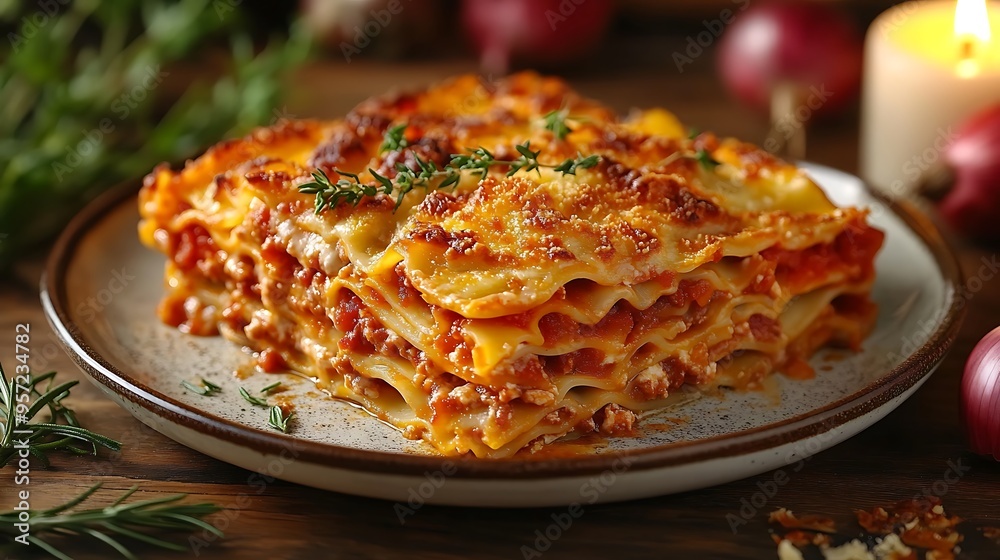 A top-down view of lasagna with crispy, bubbling cheese, served on a ceramic plate, with a blurred candlelight softly glowing in the background, creating a serene and inviting dining experience. A top-down view of lasagna with crispy, bubbling cheese, served on a ceramic plate, with a blurred candlelight softly glowing in the background, creating a serene and inviting dining experience.