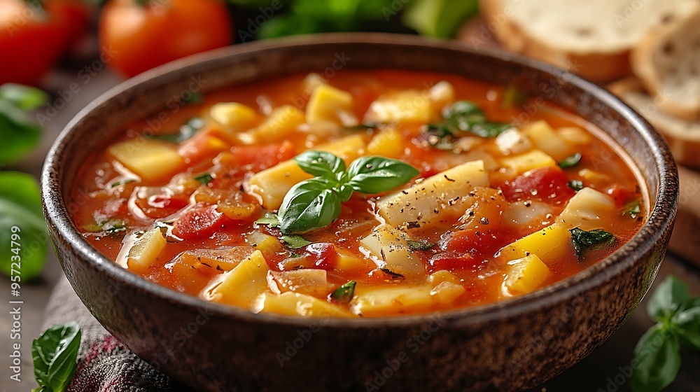 A top-down view of Minestrone Soup with a variety of fresh vegetables, served in a rustic bowl, with a blurred kitchen countertop softly illuminated in the background, A top-down view of Minestrone Soup with a variety of fresh vegetables, served in a rustic bowl, with a blurred kitchen countertop softly illuminated in the background,