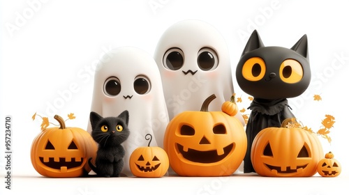 Adorable Halloween Scene with Cute Ghosts and Black Cats