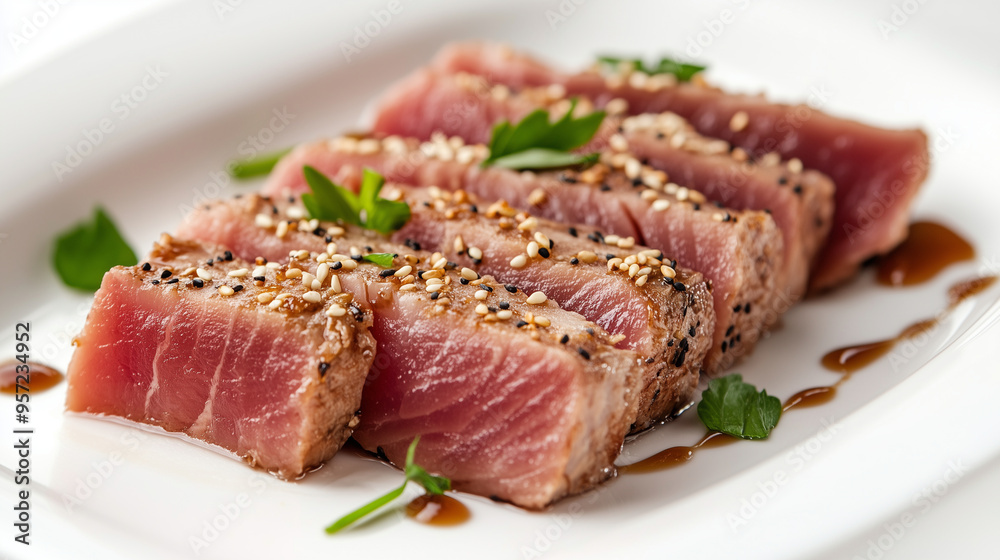 Sliced Seared Tuna with Sesame Seeds and Herbs on White Plate Sliced Seared Tuna with Sesame Seeds and Herbs on White Plate