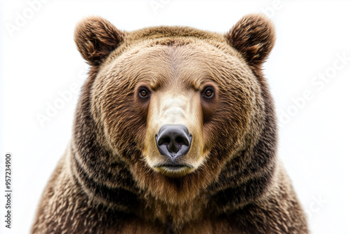 Close up shot brown bear isolated on white background, Selective focus grizzly bear with brown fur on white.