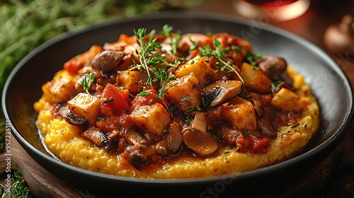 A top-down view of polenta with mushroom ragù, beautifully arranged on a dark ceramic plate, with a blurred wine glass softly glowing in the background, creating a cozy and refined dining atmosphere.