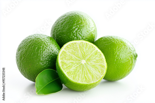 Juicy sliced lime isolated on white background, Close up shot pile of lime with lime leaf.	