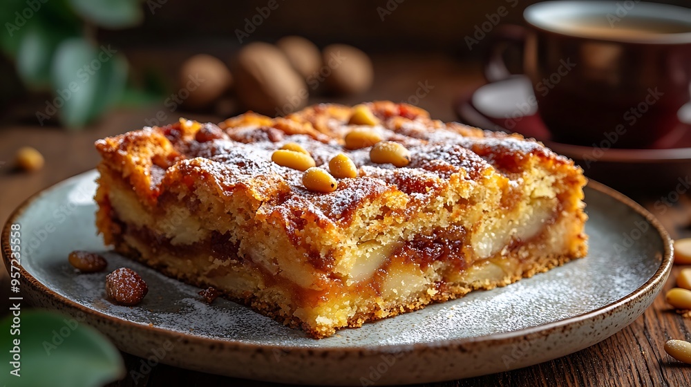 A top-down view of Torta della Nonna with a golden-brown crust and pine nuts, served on a dessert plate, with a blurred espresso cup softly illuminating the scene in the background, creating a cozy, A top-down view of Torta della Nonna with a golden-brown crust and pine nuts, served on a dessert plate, with a blurred espresso cup softly illuminating the scene in the background, creating a cozy,