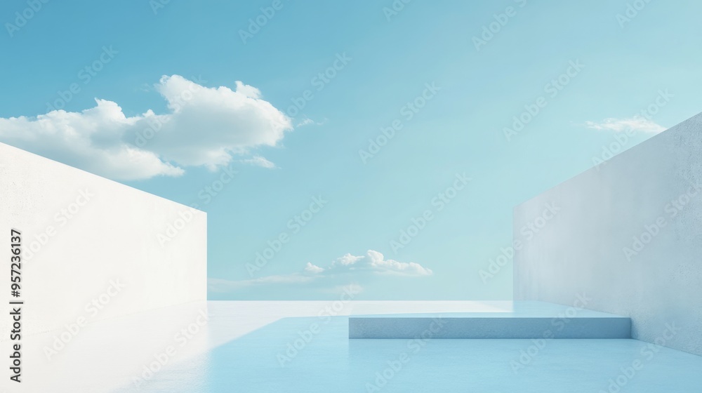 Obraz premium Minimalist outdoor architectural scene with white walls and blue sky background