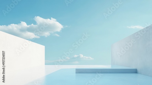 Minimalist outdoor architectural scene with white walls and blue sky background