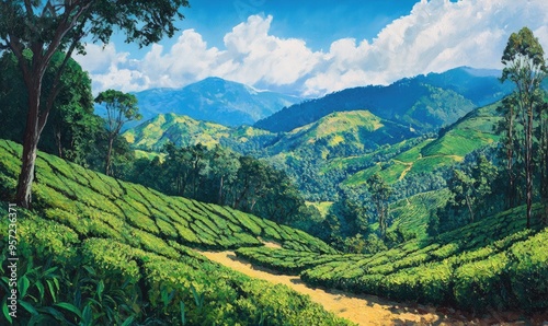 Oil painting depicting a close view of tea plantations nestled among hills