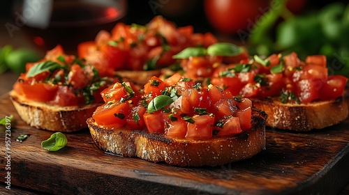 Bruschetta with juicy tomatoes and fresh basil, drizzled with olive oil, served on a rustic wooden board, with a blurred wine glass softly glowing in the background, creating a warm,