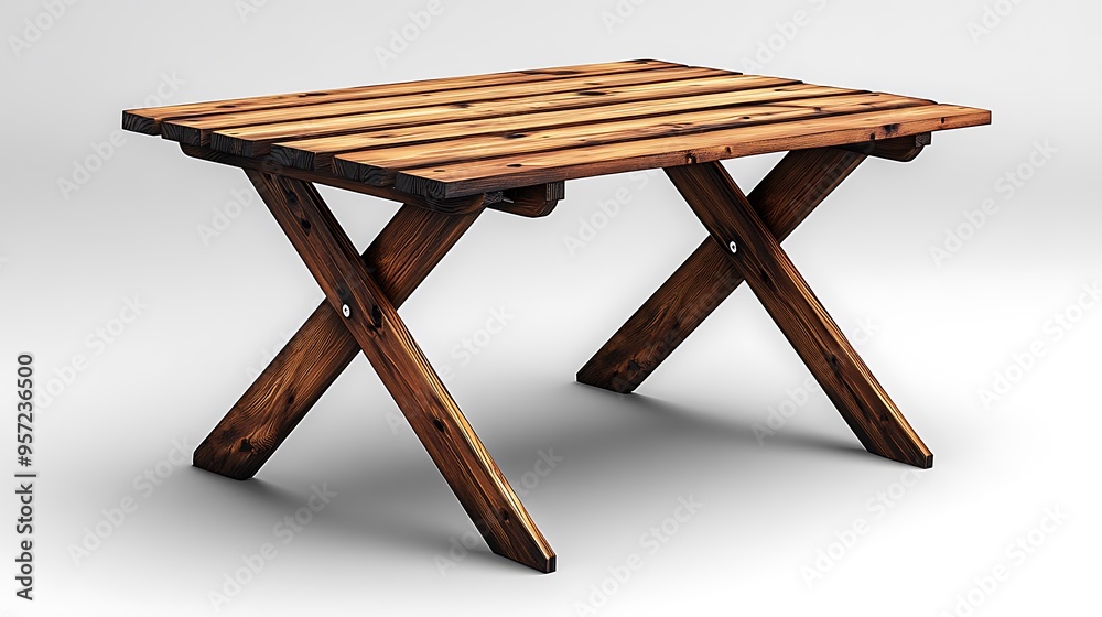 Wooden table with a simple design and a rustic, natural finish, perfect for outdoor dining or as a decorative accent. Wooden table with a simple design and a rustic, natural finish, perfect for outdoor dining or as a decorative accent.