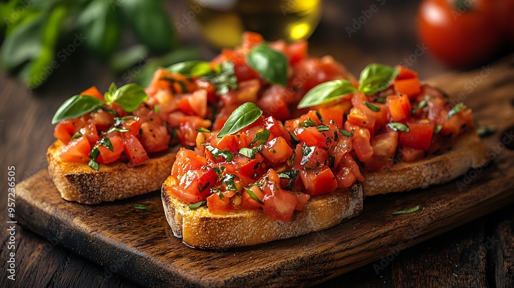 Bruschetta with vibrant tomatoes, fresh basil, and a drizzle of olive oil, served on a rustic wooden board, with a blurred wine glass in the background, Bruschetta with vibrant tomatoes, fresh basil, and a drizzle of olive oil, served on a rustic wooden board, with a blurred wine glass in the background,