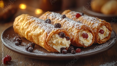 Cannoli with creamy ricotta filling and powdered sugar dusting, served on a dessert plate, with a blurred café scene softly glowing in the background, creating a delightful, cozy dessert atmosphere.