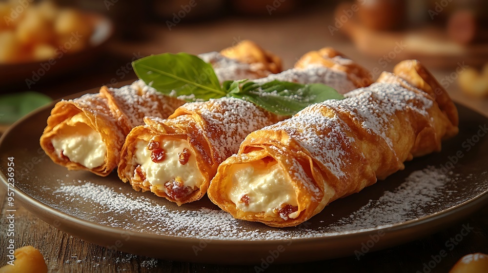 Cannoli with smooth ricotta filling and a generous dusting of powdered sugar, elegantly presented on a dessert plate, with a blurred café scene in the background, warm light enhancing the cozy, Cannoli with smooth ricotta filling and a generous dusting of powdered sugar, elegantly presented on a dessert plate, with a blurred café scene in the background, warm light enhancing the cozy,
